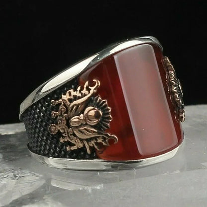 Gental Gems by Karat Kings | Unique Turkish Style Curved Ring with Red Agate |  Sterling Silver Oxidized Ring | Men's Jewelry | With Certificate of Authenticity and  Hallmark