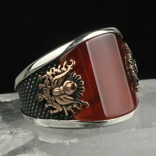 Gental Gems by Karat Kings | Unique Turkish Style Curved Ring with Red Agate |  Sterling Silver Oxidized Ring | Men's Jewelry | With Certificate of Authenticity and  Hallmark