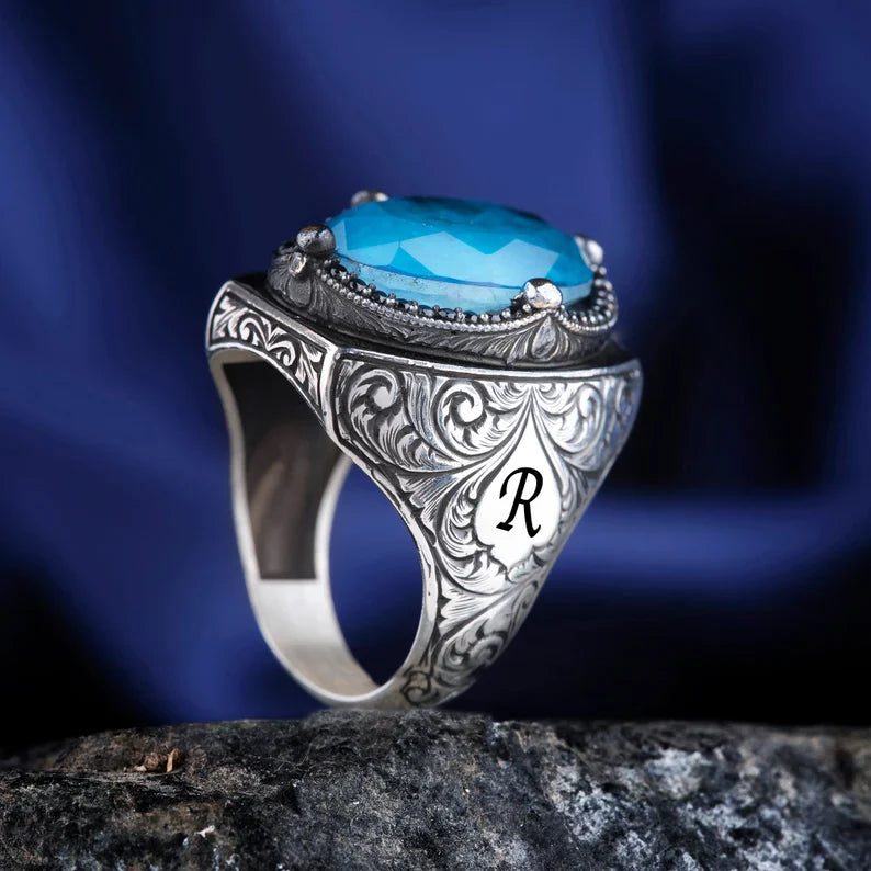 Gental Gems by Karat Kings | Exclusively Designed Ring with Blue Topaz |  Sterling Silver Oxidized Ring | Men's Jewelry | With Certificate of Authenticity and  Hallmark