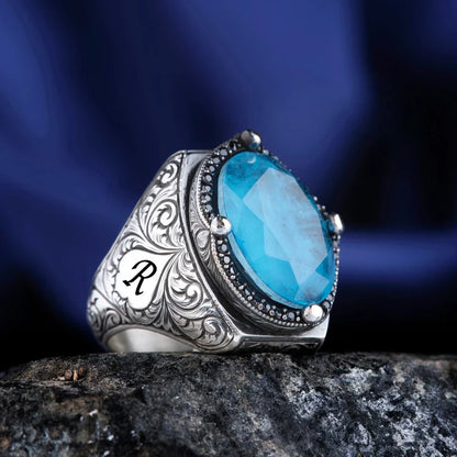 Gental Gems by Karat Kings | Exclusively Designed Ring with Blue Topaz |  Sterling Silver Oxidized Ring | Men's Jewelry | With Certificate of Authenticity and  Hallmark