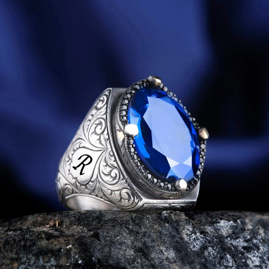 Gental Gems by Karat Kings | Unique Turkish Style Ring with Blue S Sapphire |  Sterling Silver Oxidized Ring | Men's Jewelry | With Certificate of Authenticity and  Hallmark