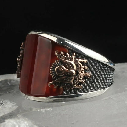 Gental Gems by Karat Kings | Unique Turkish Style Curved Ring with Red Agate |  Sterling Silver Oxidized Ring | Men's Jewelry | With Certificate of Authenticity and  Hallmark