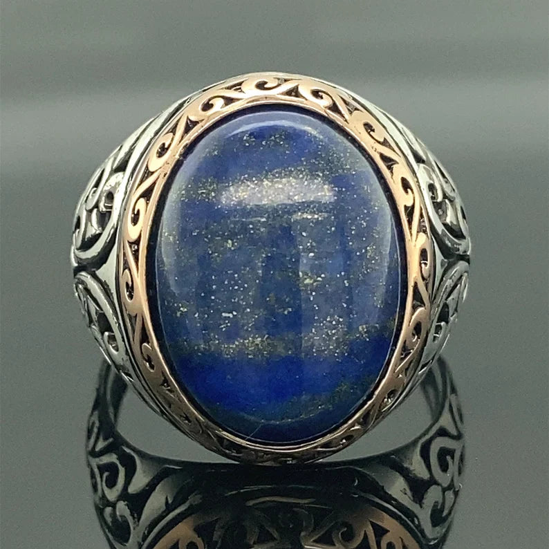 Gental Gems by Karat Kings | Unique Turkish Style Ring with Natural Blue Lapis Lazuli |  Sterling Silver Oxidized Ring | Men's Jewelry | With Certificate of Authenticity and  Hallmark