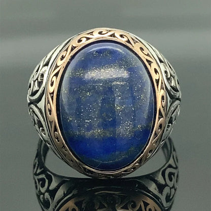 Gental Gems by Karat Kings | Unique Turkish Style Ring with Natural Blue Lapis Lazuli |  Sterling Silver Oxidized Ring | Men's Jewelry | With Certificate of Authenticity and  Hallmark