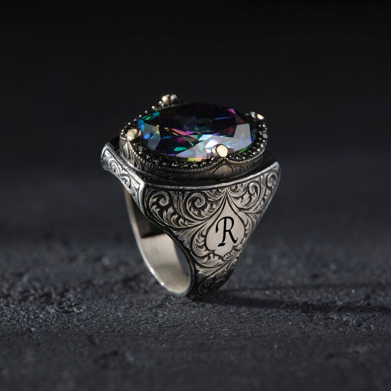 Gental Gems by Karat Kings | Custom Name Initials Turkish Style Ring with Multicolored Alexandrite | 925 Sterling Silver Oxidized Ring | Men's Jewelry | With Certificate of Authenticity and 925 Hallmark