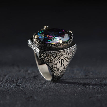 Gental Gems by Karat Kings | Custom Name Initials Turkish Style Ring with Multicolored Alexandrite | 925 Sterling Silver Oxidized Ring | Men's Jewelry | With Certificate of Authenticity and 925 Hallmark