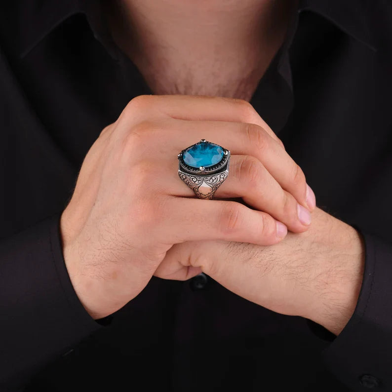Gental Gems by Karat Kings | Exclusively Designed Ring with Blue Topaz |  Sterling Silver Oxidized Ring | Men's Jewelry | With Certificate of Authenticity and  Hallmark