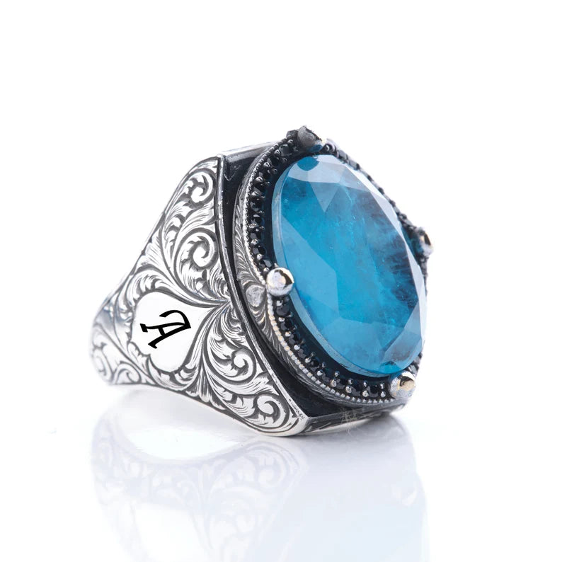 Gental Gems by Karat Kings | Exclusively Designed Ring with Blue Topaz |  Sterling Silver Oxidized Ring | Men's Jewelry | With Certificate of Authenticity and  Hallmark