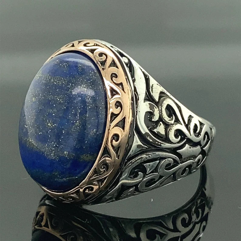 Gental Gems by Karat Kings | Unique Turkish Style Ring with Natural Blue Lapis Lazuli |  Sterling Silver Oxidized Ring | Men's Jewelry | With Certificate of Authenticity and  Hallmark