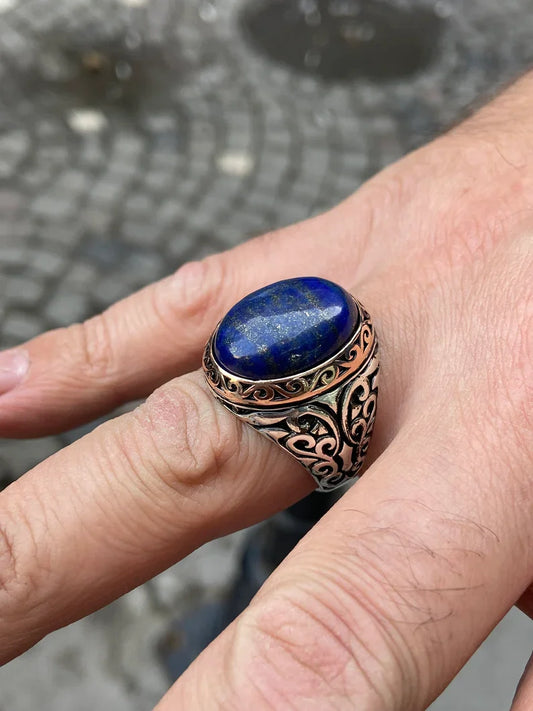 Gental Gems by Karat Kings | Unique Turkish Style Ring with Natural Blue Lapis Lazuli |  Sterling Silver Oxidized Ring | Men's Jewelry | With Certificate of Authenticity and  Hallmark