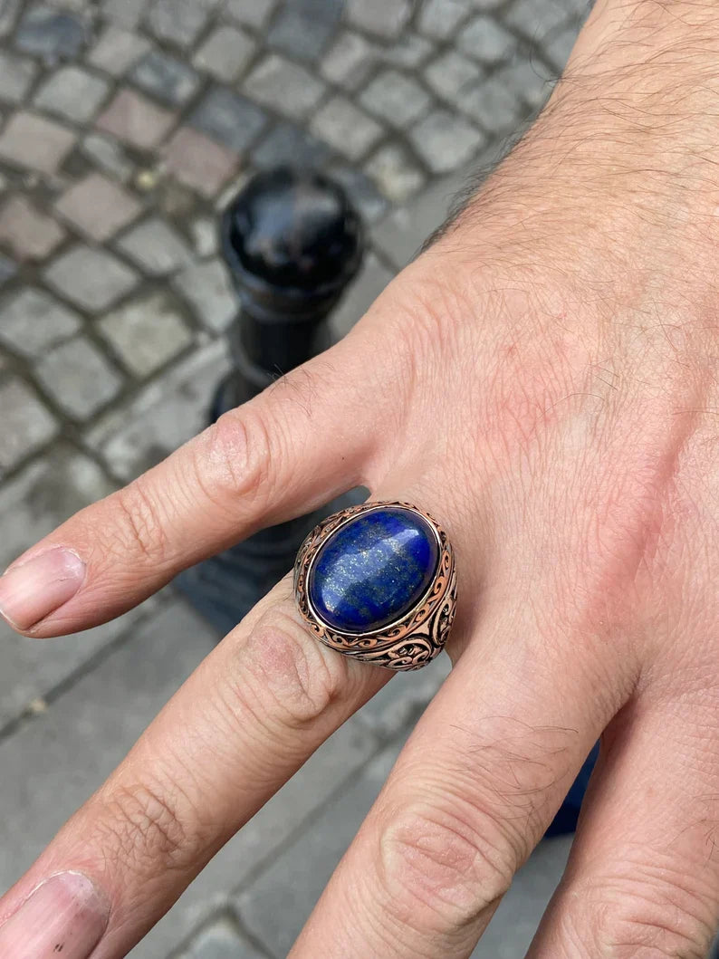 Gental Gems by Karat Kings | Unique Turkish Style Ring with Natural Blue Lapis Lazuli |  Sterling Silver Oxidized Ring | Men's Jewelry | With Certificate of Authenticity and  Hallmark