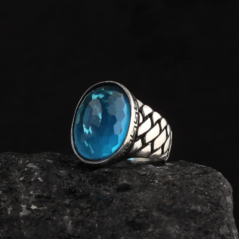 Gental Gems by Karat Kings | Exclusively Designed Ring with Blue Topaz |  Sterling Silver Oxidized Ring | Men's Jewelry | With Certificate of Authenticity and  Hallmark
