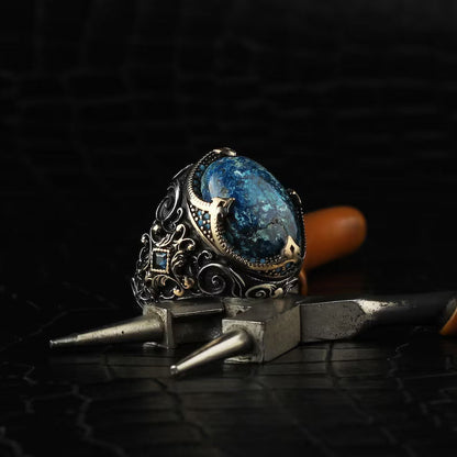 Gental Gems by Karat Kings | Unique Designed Turkish Style Ring with Natural IraniTurquoise (Firoza) |  Sterling Silver Oxidized Ring