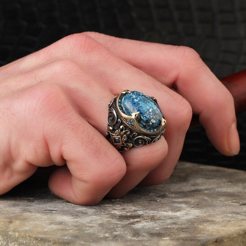 Gental Gems by Karat Kings | Unique Designed Turkish Style Ring with Natural IraniTurquoise (Firoza) |  Sterling Silver Oxidized Ring
