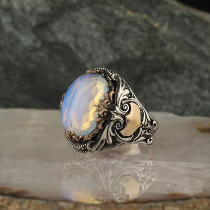 Gental Gems by Karat Kings | Unique Designed Turkish Style Ring with Natural Rainbow Moonstone |  Sterling Silver Oxidized Ring | Men's Jewelry | With Certificate of Authenticity and  Hallmark