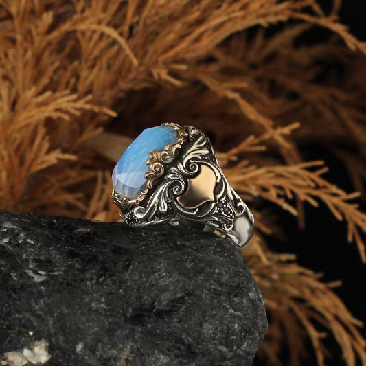 Gental Gems by Karat Kings | Unique Designed Turkish Style Ring with Natural Rainbow Moonstone |  Sterling Silver Oxidized Ring | Men's Jewelry | With Certificate of Authenticity and  Hallmark