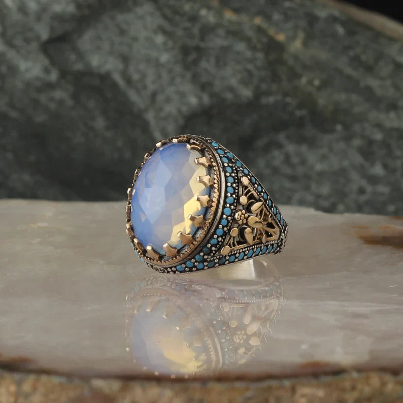 Gental Gems by Karat Kings | Unique Designed Turkish Style Ring with Natural Rainbow Moonstone |  Sterling Silver Oxidized Ring | Men's Jewelry | With Certificate of Authenticity and  Hallmark