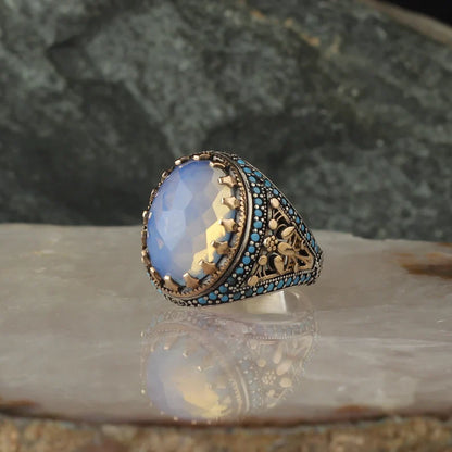 Gental Gems by Karat Kings | Unique Designed Turkish Style Ring with Natural Rainbow Moonstone |  Sterling Silver Oxidized Ring | Men's Jewelry | With Certificate of Authenticity and  Hallmark
