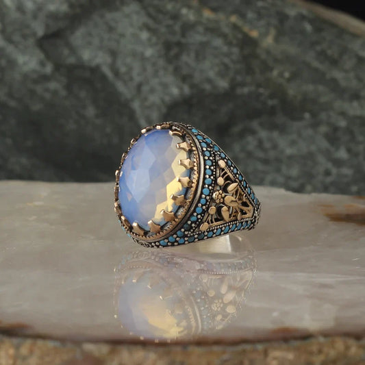 Gental Gems by Karat Kings | Unique Designed Turkish Style Ring with Natural Rainbow Moonstone |  Sterling Silver Oxidized Ring | Men's Jewelry | With Certificate of Authenticity and  Hallmark