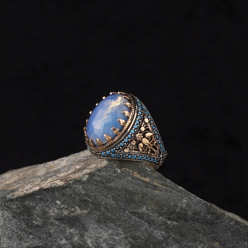 Gental Gems by Karat Kings | Unique Designed Turkish Style Ring with Natural Rainbow Moonstone |  Sterling Silver Oxidized Ring | Men's Jewelry | With Certificate of Authenticity and  Hallmark