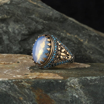 Gental Gems by Karat Kings | Unique Designed Turkish Style Ring with Natural Rainbow Moonstone |  Sterling Silver Oxidized Ring | Men's Jewelry | With Certificate of Authenticity and  Hallmark