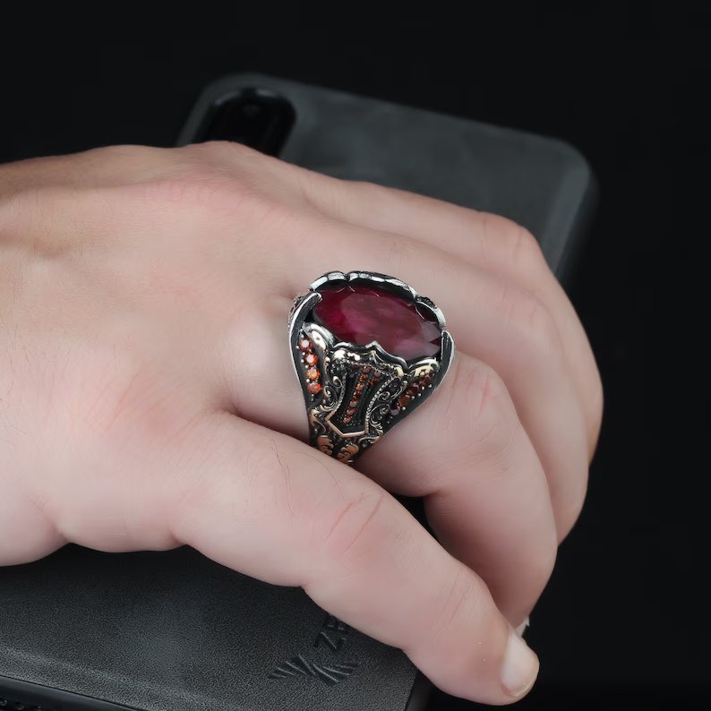 Gental Gems by Karat Kings | Unique Designed Turkish Style Heavy Ring with Natural Red Ruby | 22kt Gold Micron Plated  Sterling Silver Oxidized Ring | Men's Jewelry | With Certificate of Authenticity and  Hallmark
