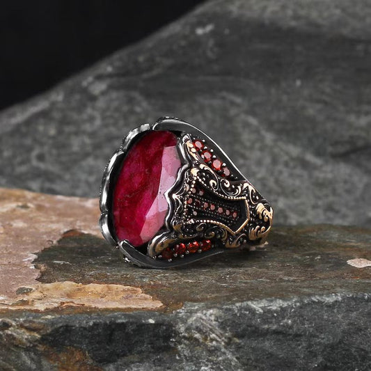 Gental Gems by Karat Kings | Unique Designed Turkish Style Heavy Ring with Natural Red Ruby |  Gold Micron Plated  Sterling Silver Oxidized Ring | Men's Jewelry | With Certificate of Authenticity and  Hallmark