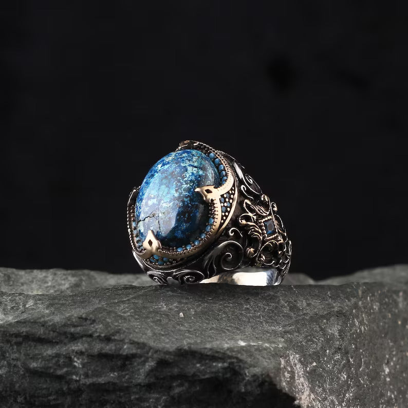 Gental Gems by Karat Kings | Unique Designed Turkish Style Ring with Natural IraniTurquoise (Firoza) |  Sterling Silver Oxidized Ring