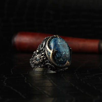 Gental Gems by Karat Kings | Unique Designed Turkish Style Ring with Natural IraniTurquoise (Firoza) |  Sterling Silver Oxidized Ring