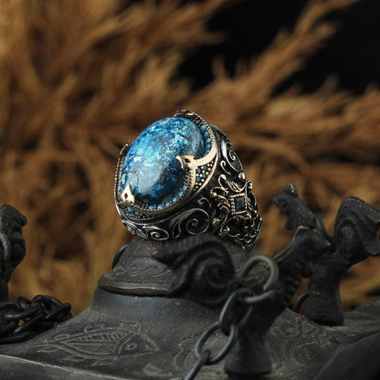 Gental Gems by Karat Kings | Unique Designed Turkish Style Ring with Natural IraniTurquoise (Firoza) |  Sterling Silver Oxidized Ring