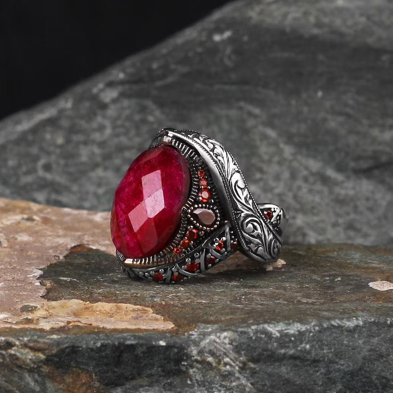 Gental Gems by Karat Kings | Unique Designed Turkish Style Heavy Ring with Natural Red Ruby GOLD PLATED Micron Plated  Sterling Silver Oxidized Ring