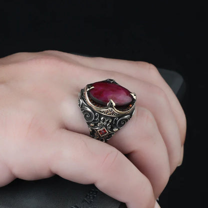 Gental Gems by Karat Kings | Unique Designed Turkish Style Heavy Ring with Natural Red Ruby |  Gold Micron Plated  Sterling Silver Oxidized Ring | Men's Jewelry | With Certificate of Authenticity and  Hallmark