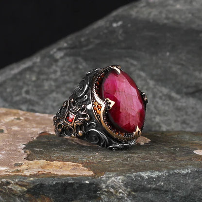 Gental Gems by Karat Kings | Unique Designed Turkish Style Heavy Ring with Natural Red Ruby |  Gold Micron Plated  Sterling Silver Oxidized Ring | Men's Jewelry | With Certificate of Authenticity and  Hallmark