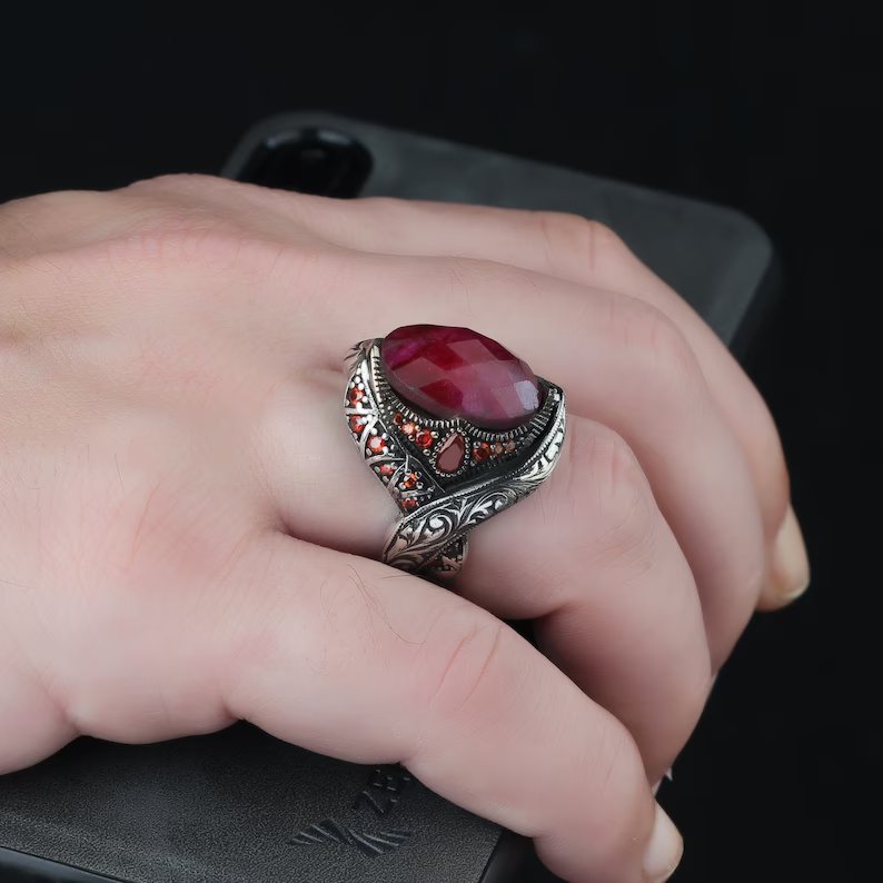 Gental Gems by Karat Kings | Unique Designed Turkish Style Heavy Ring with Natural Red Ruby GOLD PLATED Micron Plated  Sterling Silver Oxidized Ring