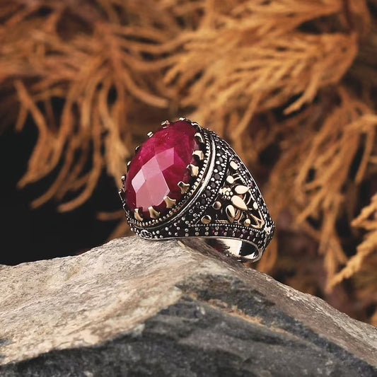 Gental Gems by Karat Kings | Unique Designed Turkish Style Heavy Ring with Natural Red Ruby |  Gold Micron Plated  Sterling Silver Oxidized Ring | Men's Jewelry | With Certificate of Authenticity and  Hallmark