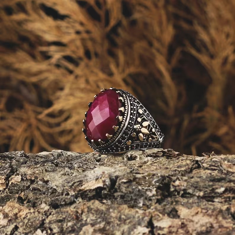 Gental Gems by Karat Kings | Unique Designed Turkish Style Heavy Ring with Natural Red Ruby | 22kt Gold Micron Plated  Sterling Silver Oxidized Ring | Men's Jewelry | With Certificate of Authenticity and  Hallmark