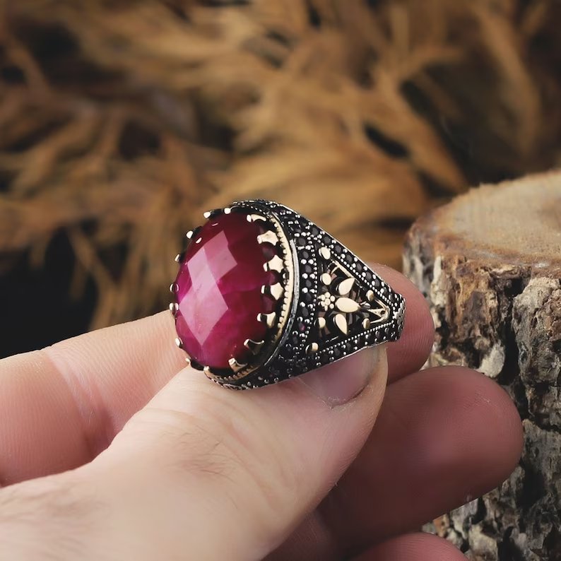 Gental Gems by Karat Kings | Unique Designed Turkish Style Heavy Ring with Natural Red Ruby GOLD PLATED Micron Plated 925 Sterling Silver Oxidized Ring Jewelry Authenticity and 925
