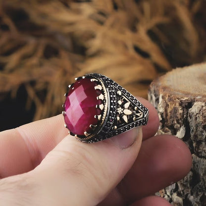 Gental Gems by Karat Kings | Unique Designed Turkish Style Heavy Ring with Natural Red Ruby GOLD PLATED Micron Plated 925 Sterling Silver Oxidized Ring Jewelry Authenticity and 925