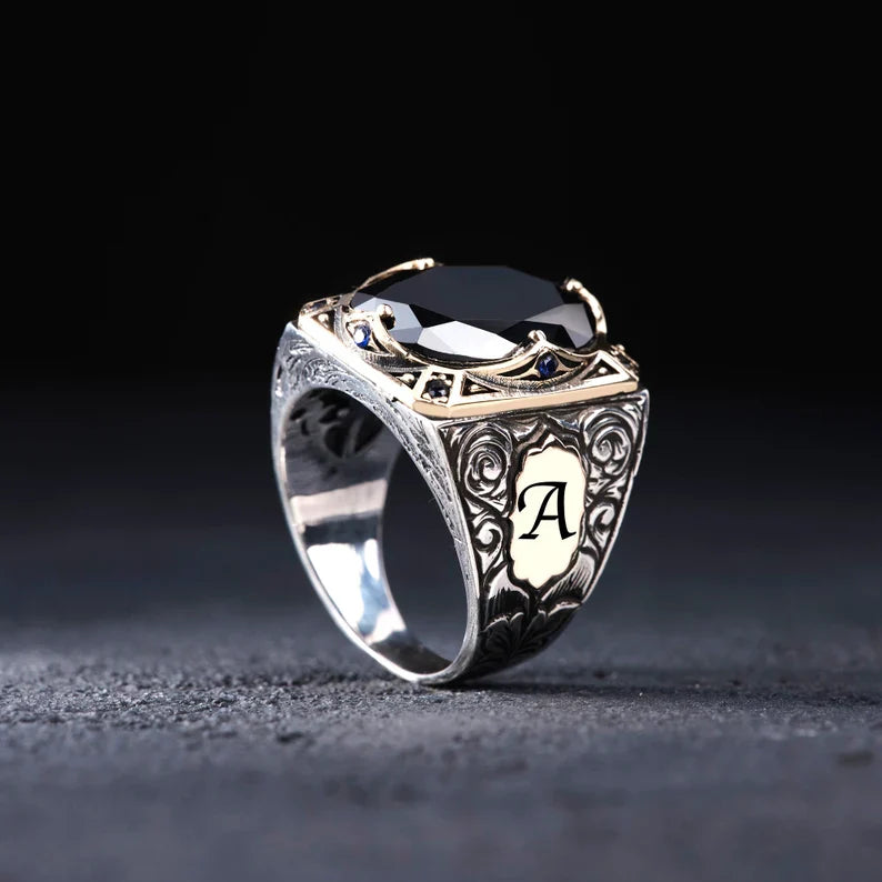 Gental Gems by Karat Kings | Unique Turkish Style Ring with Natural Black Onyx | With Custom Name Initial,  Sterling Silver Ring | Men's Jewelry | With Certificate of Authenticity and  Hallmark