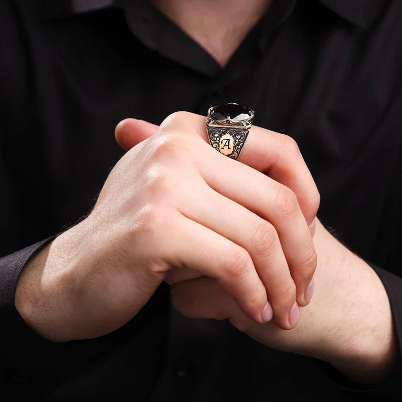 Gental Gems by Karat Kings | Unique Turkish Style Ring with Natural Black Onyx | With Custom Name Initial,  Sterling Silver Ring | Men's Jewelry | With Certificate of Authenticity and  Hallmark