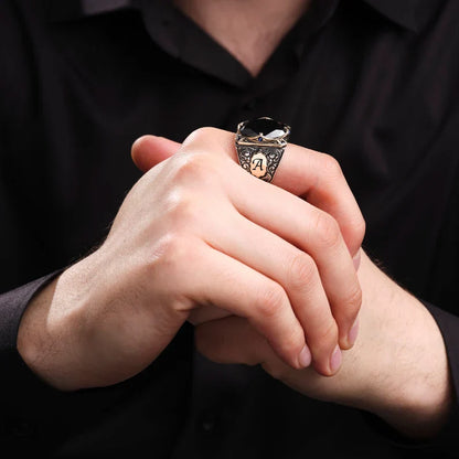 Gental Gems by Karat Kings | Unique Turkish Style Ring with Natural Black Onyx | With Custom Name Initial,  Sterling Silver Ring | Men's Jewelry | With Certificate of Authenticity and  Hallmark