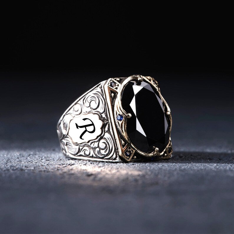 Gental Gems by Karat Kings | Unique Turkish Style Ring with Natural Black Onyx | With Custom Name Initial,  Sterling Silver Ring | Men's Jewelry | With Certificate of Authenticity and  Hallmark