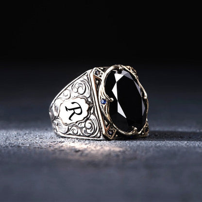 Gental Gems by Karat Kings | Unique Turkish Style Ring with Natural Black Onyx | With Custom Name Initial,  Sterling Silver Ring | Men's Jewelry | With Certificate of Authenticity and  Hallmark