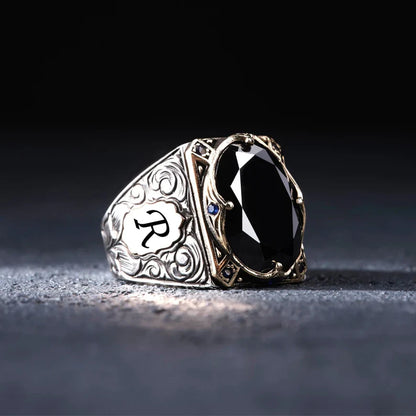 Gental Gems by Karat Kings | Unique Turkish Style Ring with Natural Black Onyx | With Custom Name Initial,  Sterling Silver Ring | Men's Jewelry | With Certificate of Authenticity and  Hallmark