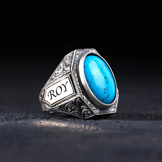 Gental Gems by Karat Kings | Unique Designed Turkish Style Ring with Natural Irani Turquoise (Firoza) |  Sterling Silver Oxidized Ring | Men's Jewelry | With Certificate of Authenticity and  Hallmark