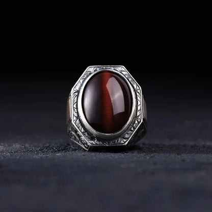 Gental Gems by Karat Kings | Unique Designed Turkish Style Ring with Natural Tiger Eye  |  Sterling Silver Oxidized Ring
