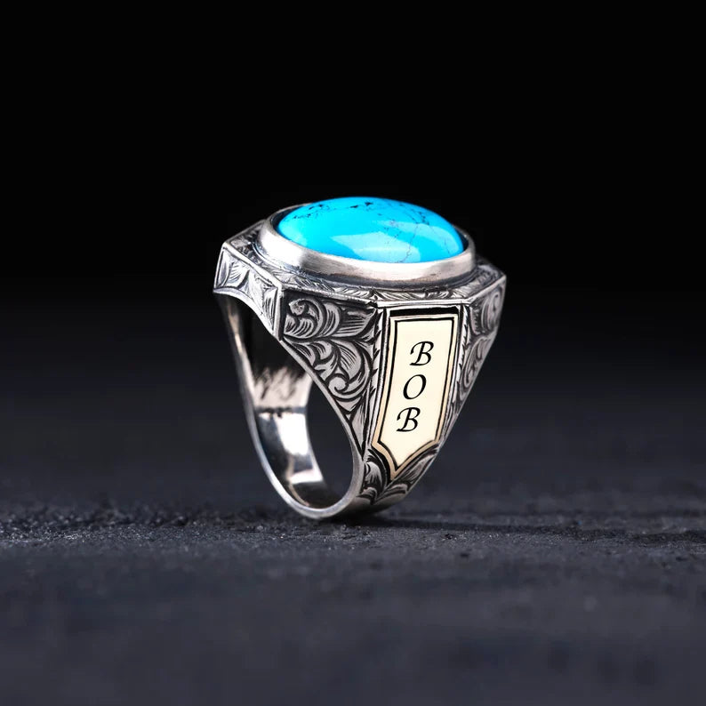 Gental Gems by Karat Kings | Unique Designed Turkish Style Ring with Natural Irani Turquoise (Firoza) |  Sterling Silver Oxidized Ring | Men's Jewelry | With Certificate of Authenticity and  Hallmark