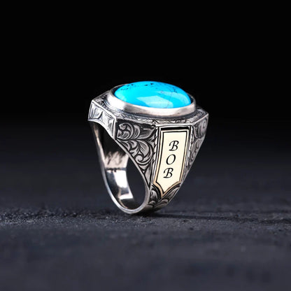 Gental Gems by Karat Kings | Unique Designed Turkish Style Ring with Natural Irani Turquoise (Firoza) |  Sterling Silver Oxidized Ring | Men's Jewelry | With Certificate of Authenticity and  Hallmark
