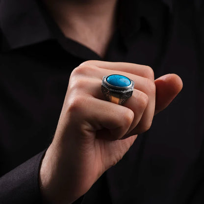 Gental Gems by Karat Kings | Unique Designed Turkish Style Ring with Natural Irani Turquoise (Firoza) |  Sterling Silver Oxidized Ring