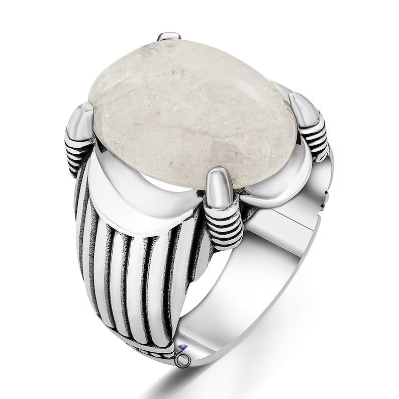 Gental Gems by Karat Kings | Unique Designed Turkish Style Ring with Natural Moonstone |  Sterling Silver Oxidized Ring | MRen's Jewelry | With Certificate of Authenticity and  Hallmark